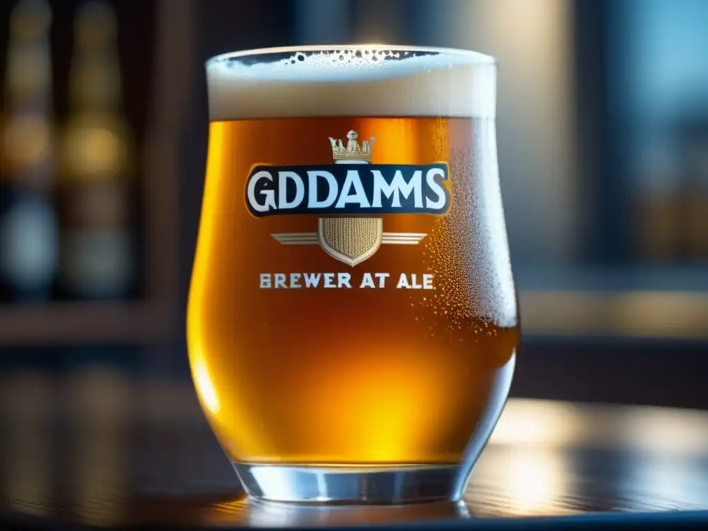 Cerveza Adnams Brewery: Detalles y burbujas Cerveza dorada Adnams Brewery con burbujas y condensación gélida