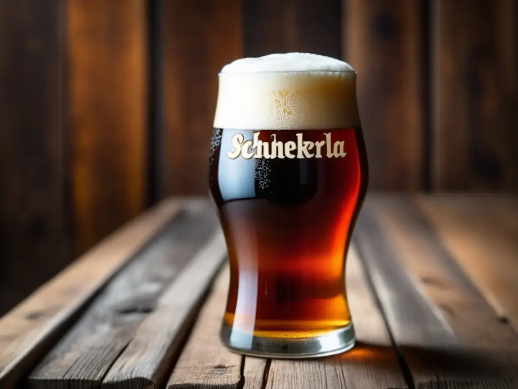 Cerveza Aecht Schlenkerla Rauchbier en vidrio con burbujas y espuma en mesa de madera