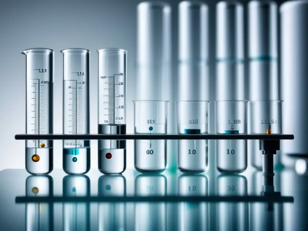 Agua cristalina y precisión en el laboratorio Imagen detallada de un vaso de cristal con agua cristalina rodeado de instrumentos de medición en un laboratorio blanco