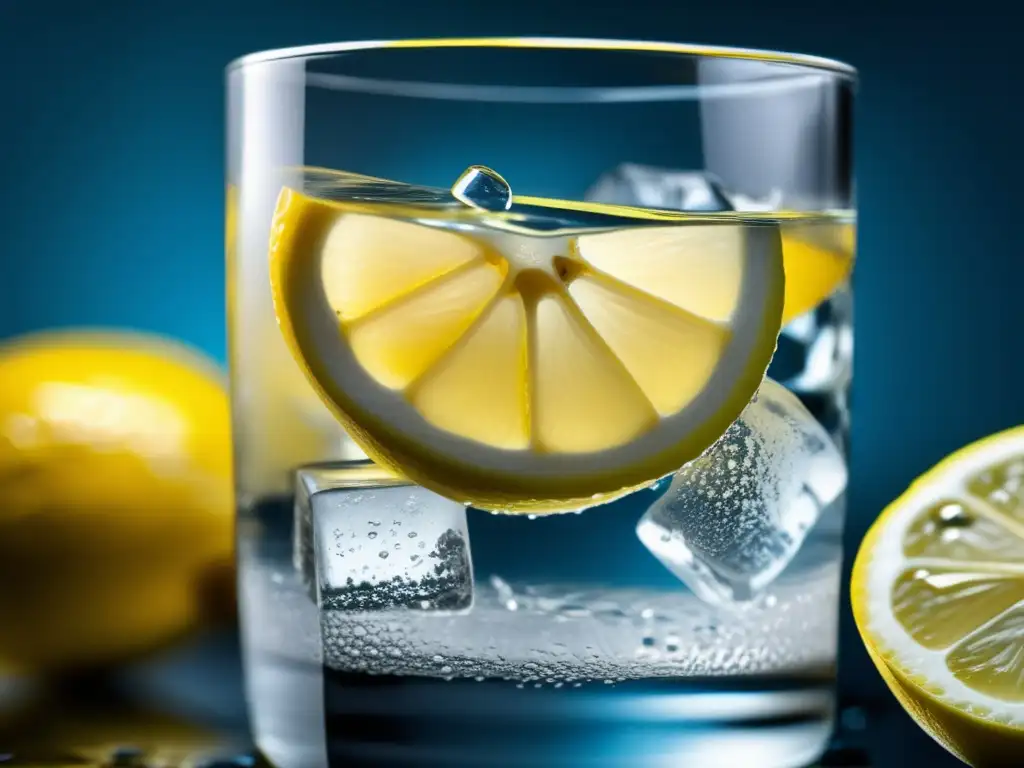 Vaso de agua con hielo, limón y perfiles de agua en cierre extremo