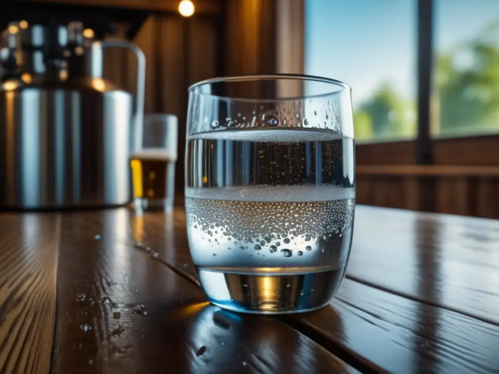 Agua cristalina en vaso rodeado de equipo de elaboración Detalle del agua cristalina en vaso rodeado de equipamiento cervecero