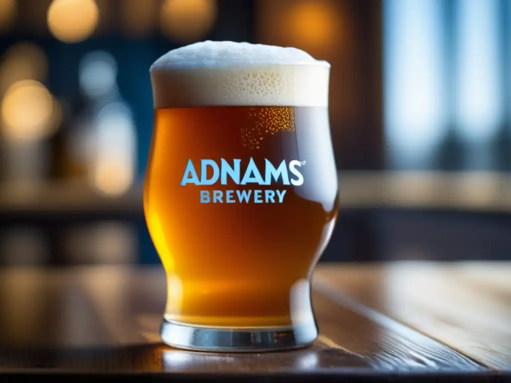 Pinta dorada de cerveza Adnams, detalle y textura Cerveza Adnams Ale: Espuma dorada y burbujas en detalle, en vaso de madera rústica