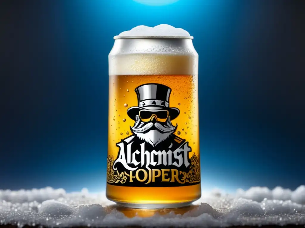Imagen detallada de The Alchemist Heady Topper Imagen 8k detallada de The Alchemist Heady Topper, cerveza sour ale con burbujas y detalles ámbar y cítricos