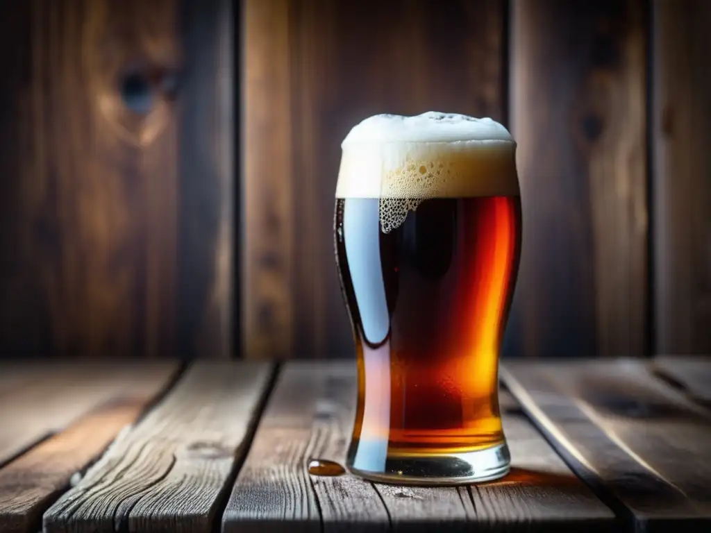 Altbier dorado en mesa rústica Un vaso de Altbier con detalle, color ámbar y espuma densa, sobre una mesa de madera rústica