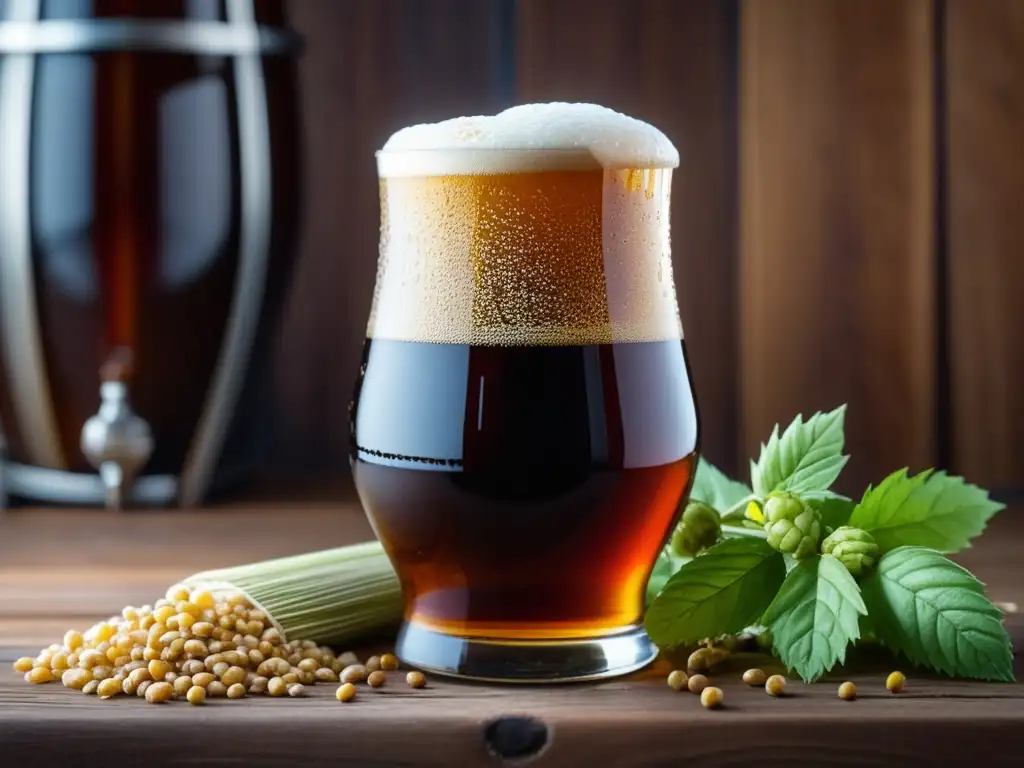 Cerveza Altbier en mesa de madera Altbier en vaso de cristal rodeado de lúpulo, cebada y equipo de cerveza, con burbujas y condensación