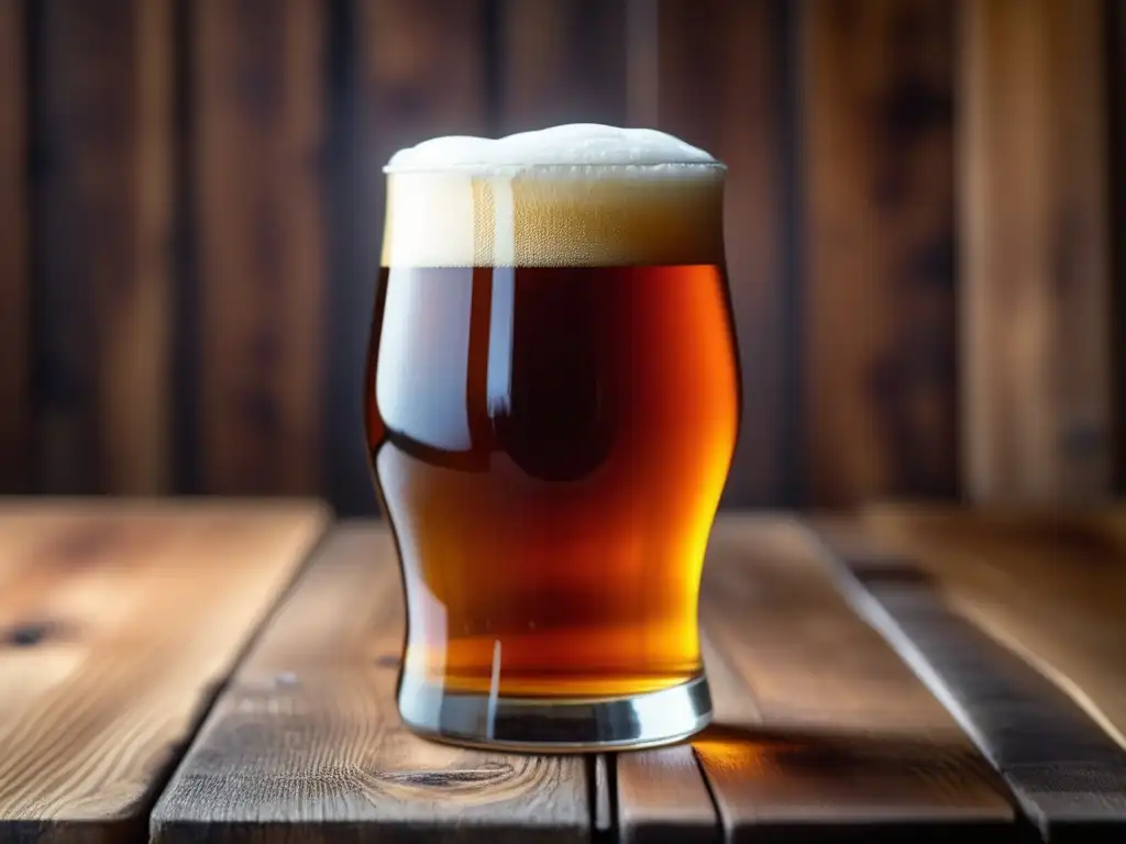 Cerveza Alaskan Amber Ale en vaso de vidrio Imagen destacada: Vaso de cerveza Alaskan Amber Ale en mesa de madera, con burbujas y condensación reflejando luz