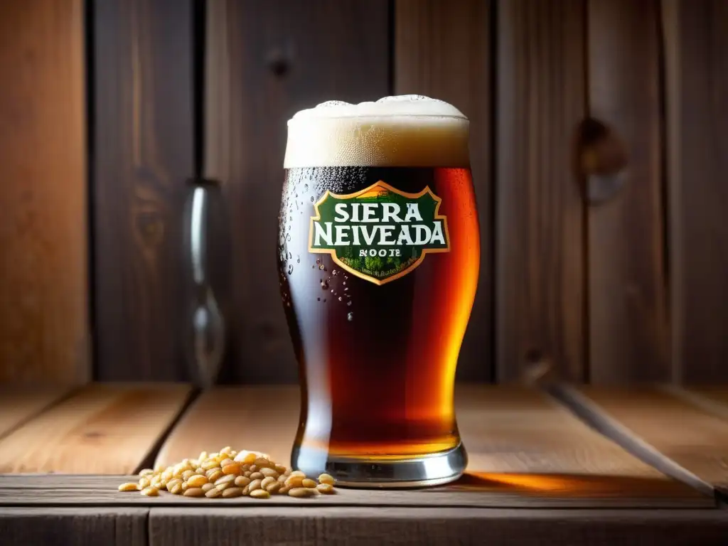 Cerveza Sierra Nevada Bigfoot en vaso de vidrio Imagen detallada vaso Sierra Nevada Barleywine, color ámbar, rodeado de cebada y lúpulo