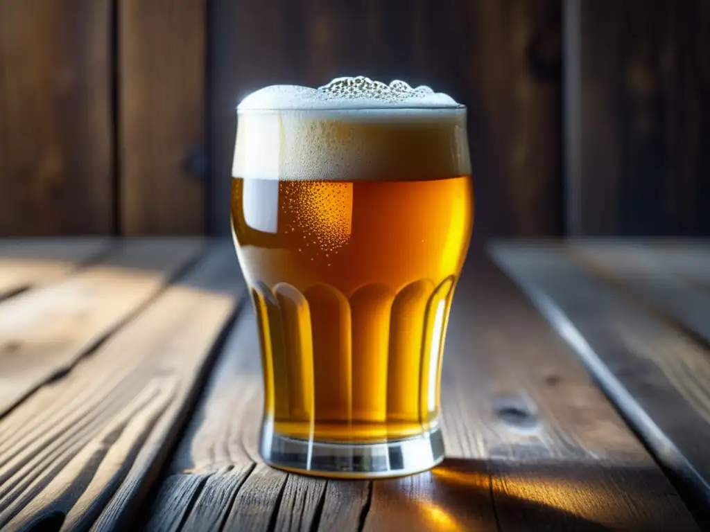Cerveza dorada en vaso de cristal Paladar cervecero: Imagen detallada de una cerveza ámbar dorada en vaso de vidrio sobre mesa de madera rústica