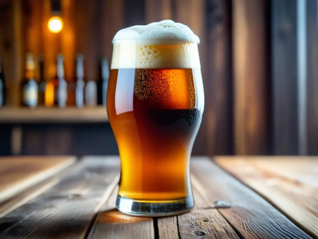 Cerveza artesanal en vaso con espuma Cerveza artesanal - Detalle de la cerveza ámbar con espuma y burbujas, derramándose en un vaso de vidrio sobre mesa de madera rústica