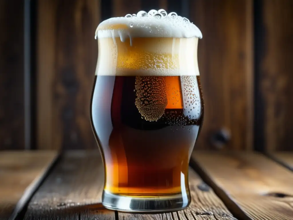 Cerveza Eisbock dorada con burbujas brillantes Cerveza Eisbock ámbar intenso con espuma cremosa y burbujas doradas