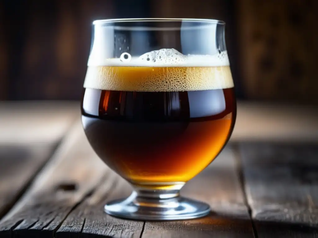 Cerveza Eisbock ámbar intensa y burbujeante Cerveza Eisbock ámbar con espuma cremosa en vaso de vidrio en mesa de madera
