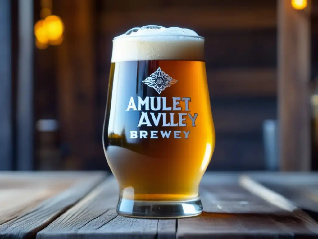 Cerveza artesanal Hudson Valley Brewery Amulet Cerveza Sour IPA de Hudson Valley Brewery en una copa de cristal, con colores vibrantes y burbujas elegantes
