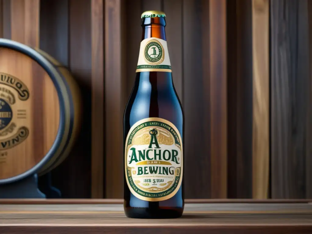 Botella de edición especial de cerveza Anchor Brewing en mesa de madera Aniversario de Anchor Brewing: botella de edición especial destacada en mesa de madera rústica, con iluminación natural resaltando detalles únicos