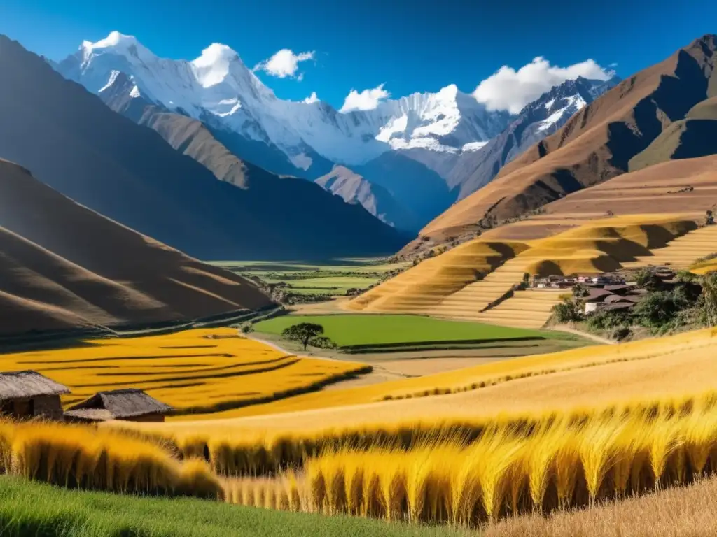 Vista panorámica de los majestuosos Andes en Perú, con campos dorados de cebada, hogar de Cusqueña beer