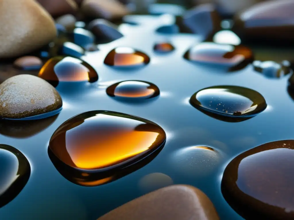 Agua cristalina fluye suavemente sobre rocas pulidas, creando una imagen serena y pura