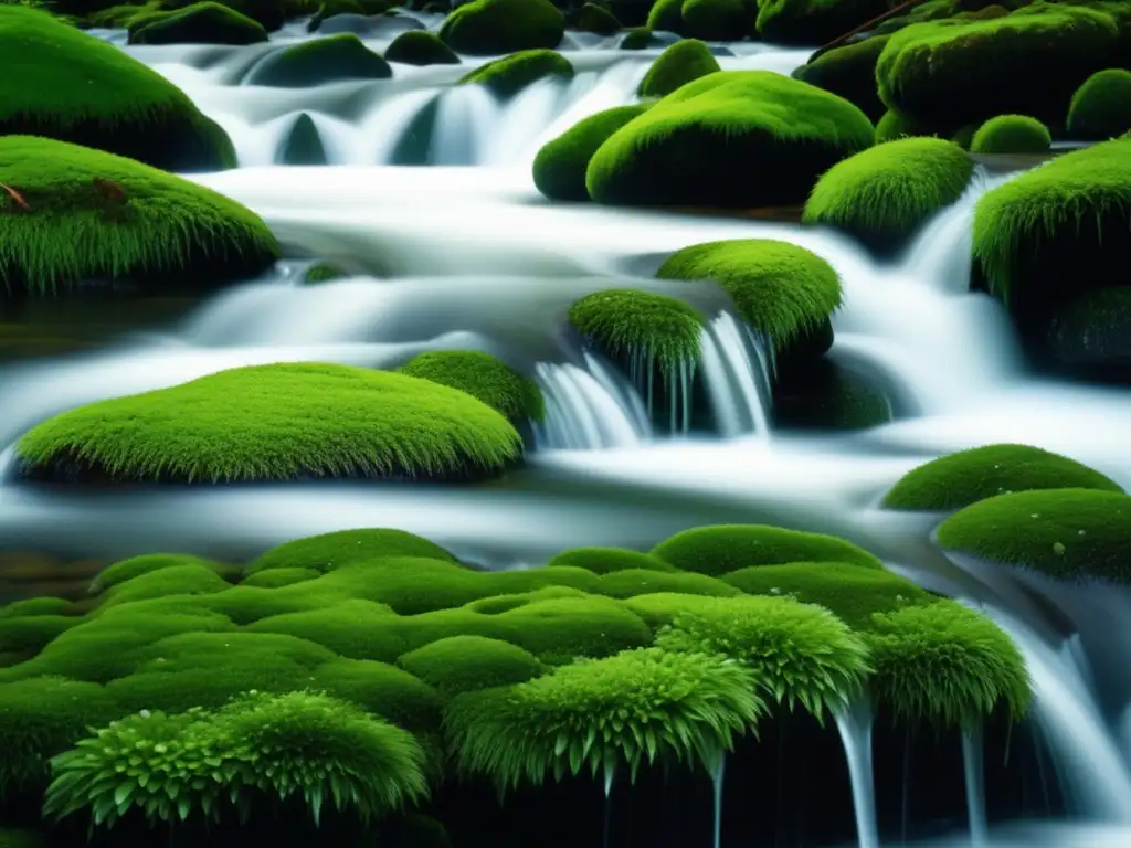 Agua cristalina fluye sobre rocas verdes cubiertas de musgo, con burbujas y una textura detallada