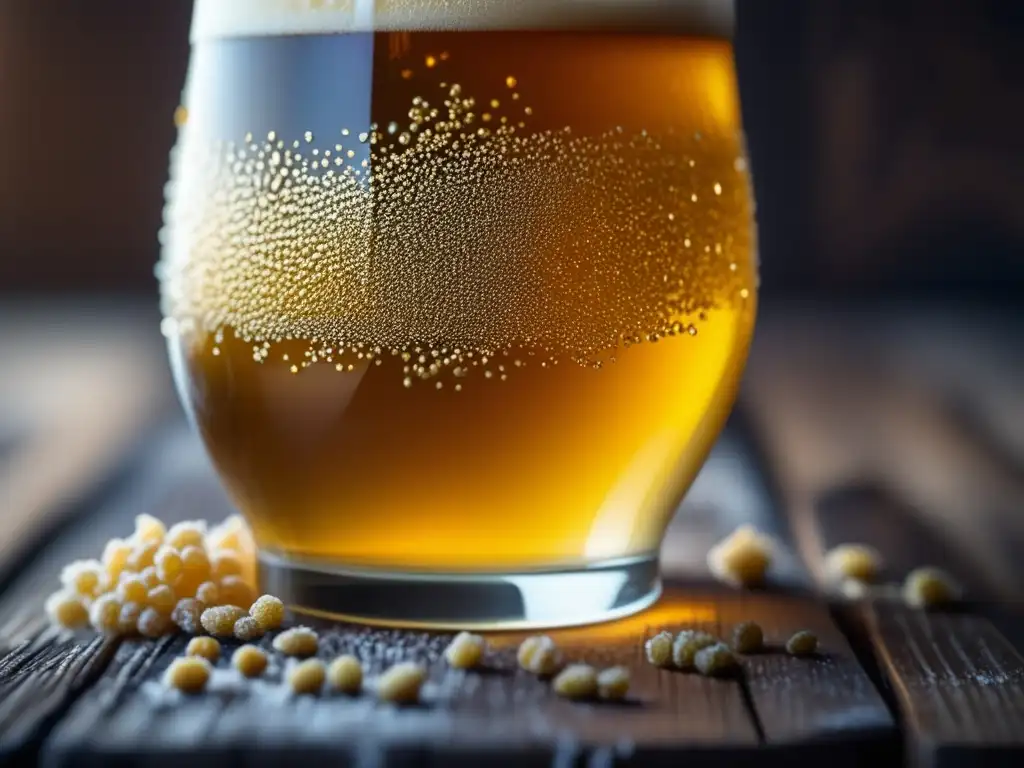 Cerveza artesanal dorada en vaso de cristal congelado Cerveza artesanal belga con detalles frosty en una mesa rústica - Ruta por Bélgica