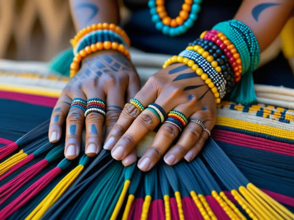 Manos indígenas tejiendo arte Manos de artista indígena de Brasil Precolonial tejiendo textil