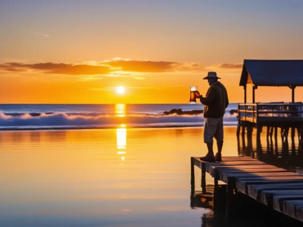Atardecer dorado sobre pueblo costero La Leyenda del Pescador y la Cerveza de Oro en una imagen de atardecer dorado sobre un pueblo costero
