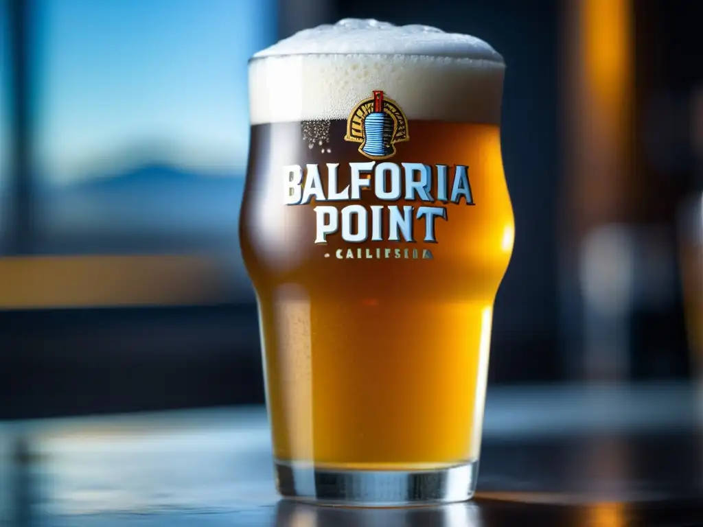 Cerveza Kölsch de Ballast Point, con vidrio helado y espuma cremosa blanca