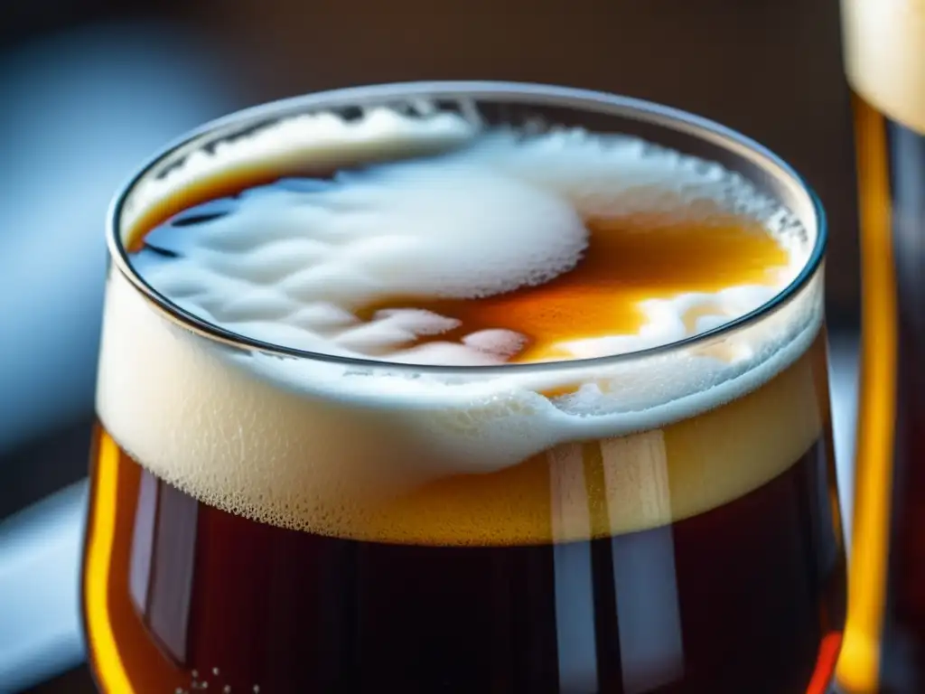 Un vaso de Barleywine ámbar con textura aterciopelada y burbujas en los costados
