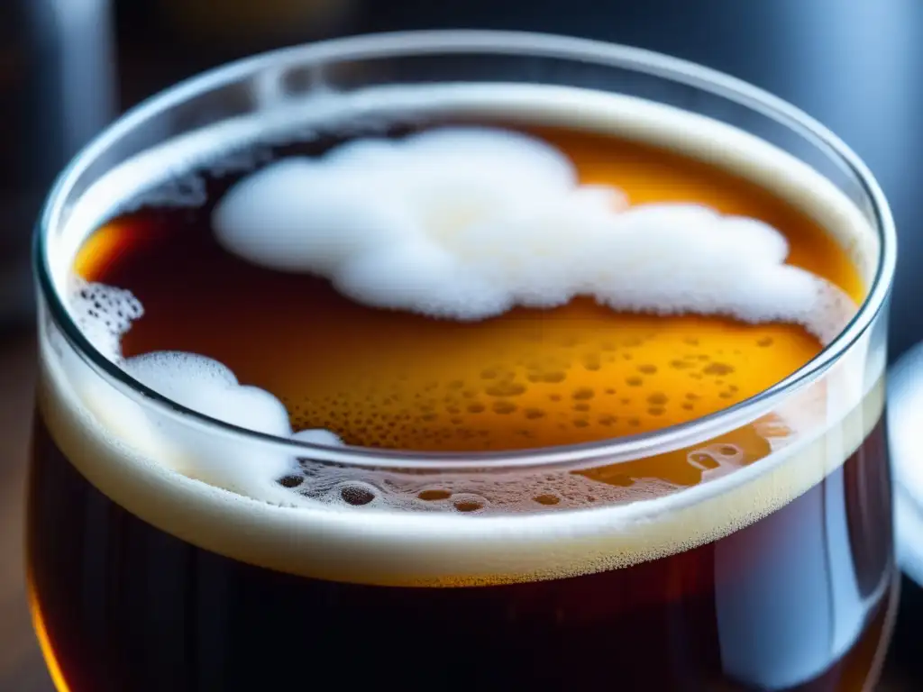Barleywine ámbar con espuma cremosa en vaso de vidrio sobre mesa de madera rústica