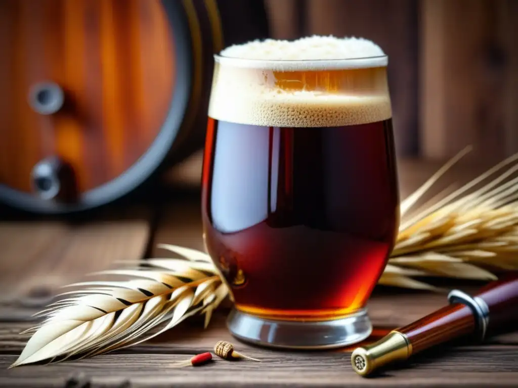 Barleywine ámbar en vaso de vidrio Copa de Barleywine ámbar rodeada de granos de cebada y elementos de caza, en una mesa de madera