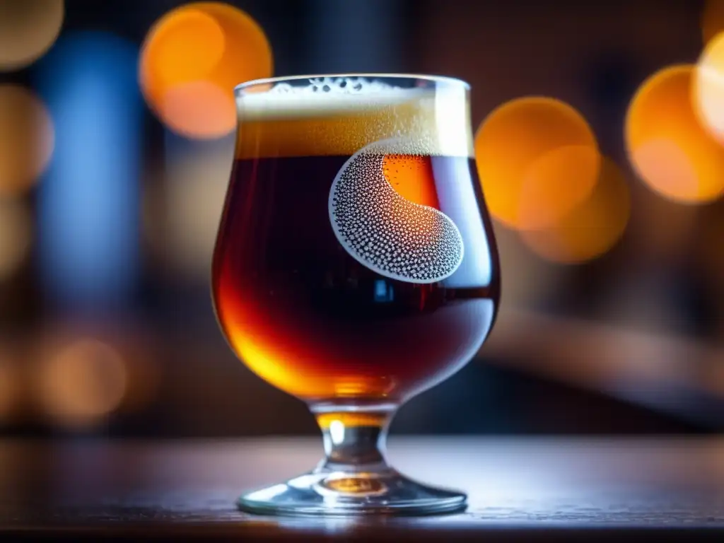 Barleywine en vaso destacando sus tonos ámbar, burbujas y bokeh, con mano borrosa y fondo difuminado