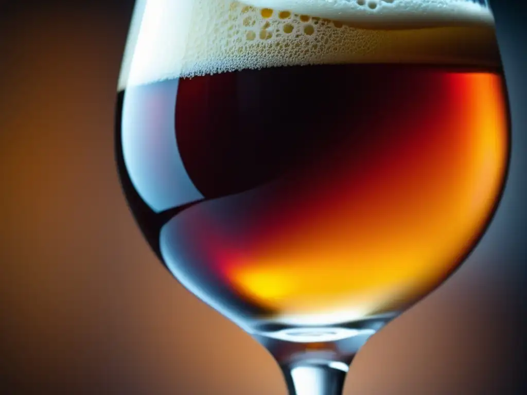 Barleywine ámbar brillante en vaso con burbujas y textura suave