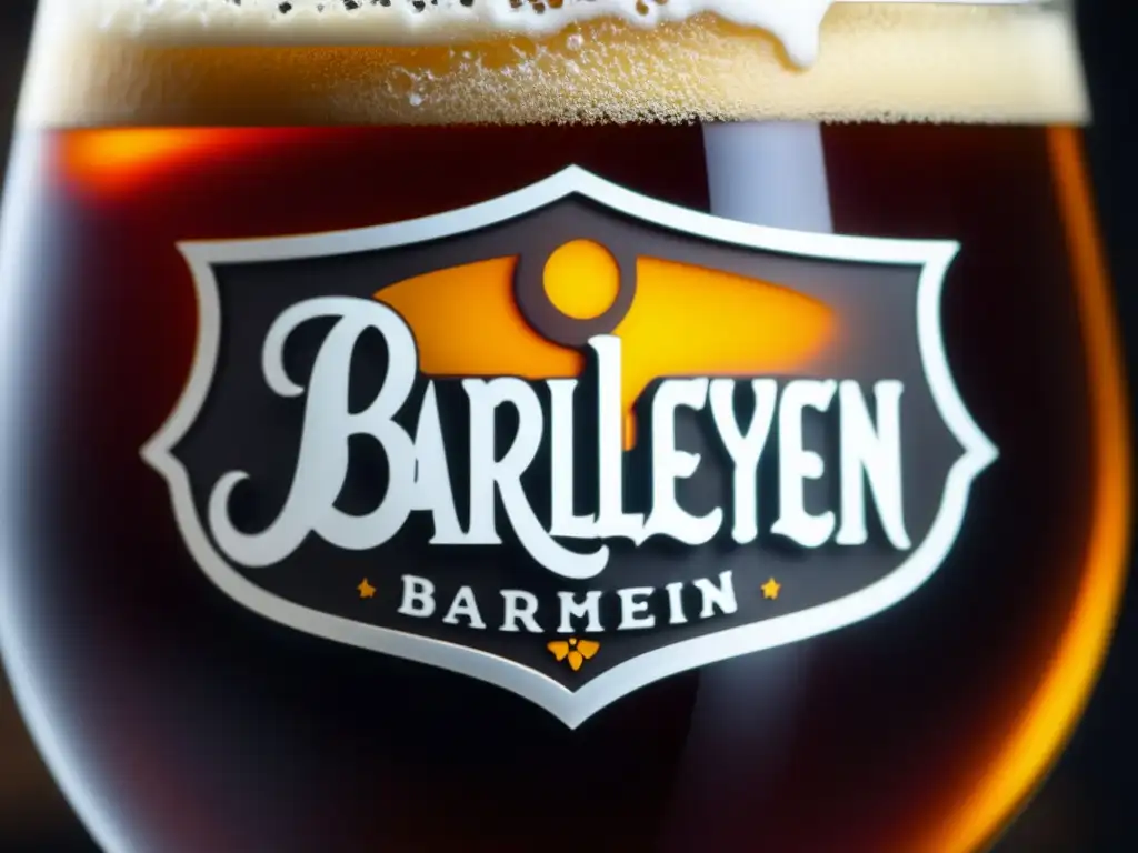 Detalle exquisito de cerveza Barleywine ámbar, con textura cremosa, burbujas suspendidas y cristal con condensación