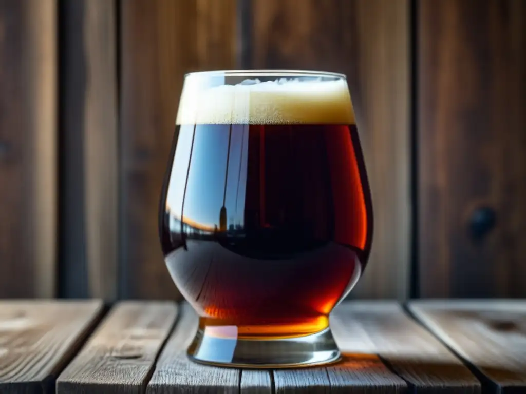 El Alma del Barleywine: un vaso de cristal lleno de cerveza Barleywine, de color ámbar y espuma cremosa, sobre una mesa de madera rústica