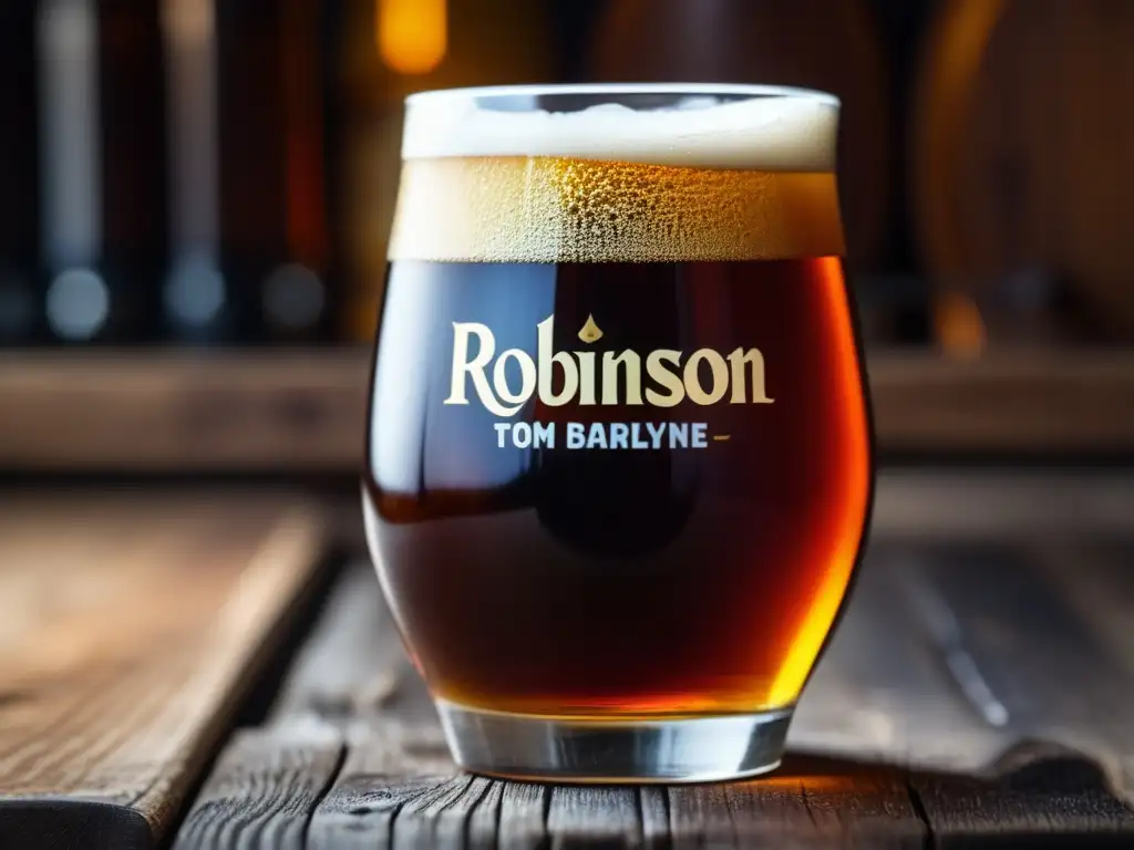 Cerveza Robinson's Old Tom en vaso de vidrio Una detallada imagen de una cerveza Barleywine de Robinson's Old Tom en un vaso de vidrio sobre una mesa de madera rústica