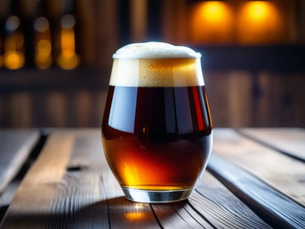Cerveza Barleywine en vaso de vidrio, color ámbar intenso y espuma cremosa