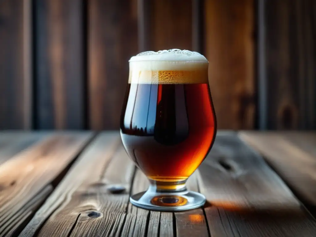 Cerveza Barleywine en vidrio ámbar Detallada imagen de un vaso de Barleywine ambarino, con espuma cremosa y burbujas efervescentes