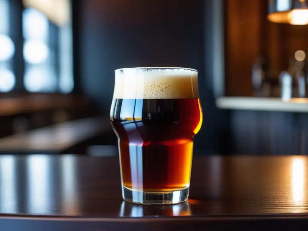 Apelando a los sentidos: Barleywine ámbar brillante Un vaso de Robinson's Old Tom barleywine en una barra de madera oscura, con colores y burbujas que resaltan