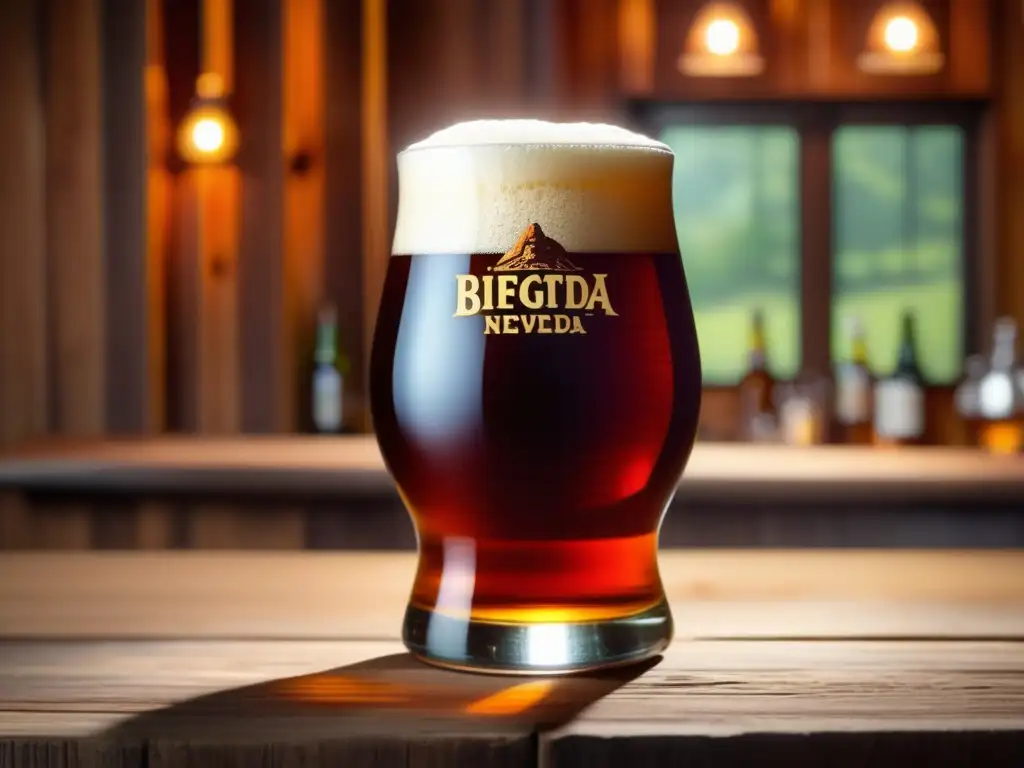 Barleywine en vaso de vidrio, color ámbar, con espuma cremosa y burbujas efervescentes en mesa de madera rústica, iluminada cálidamente
