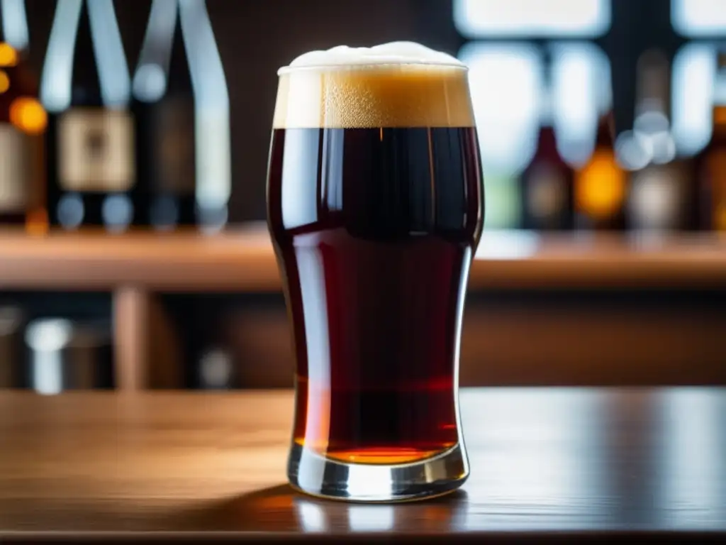 Una imagen de Barleywine: cristal claro, ámbar, con espuma cremosa blanca, burbujas y detalles de carbonatación