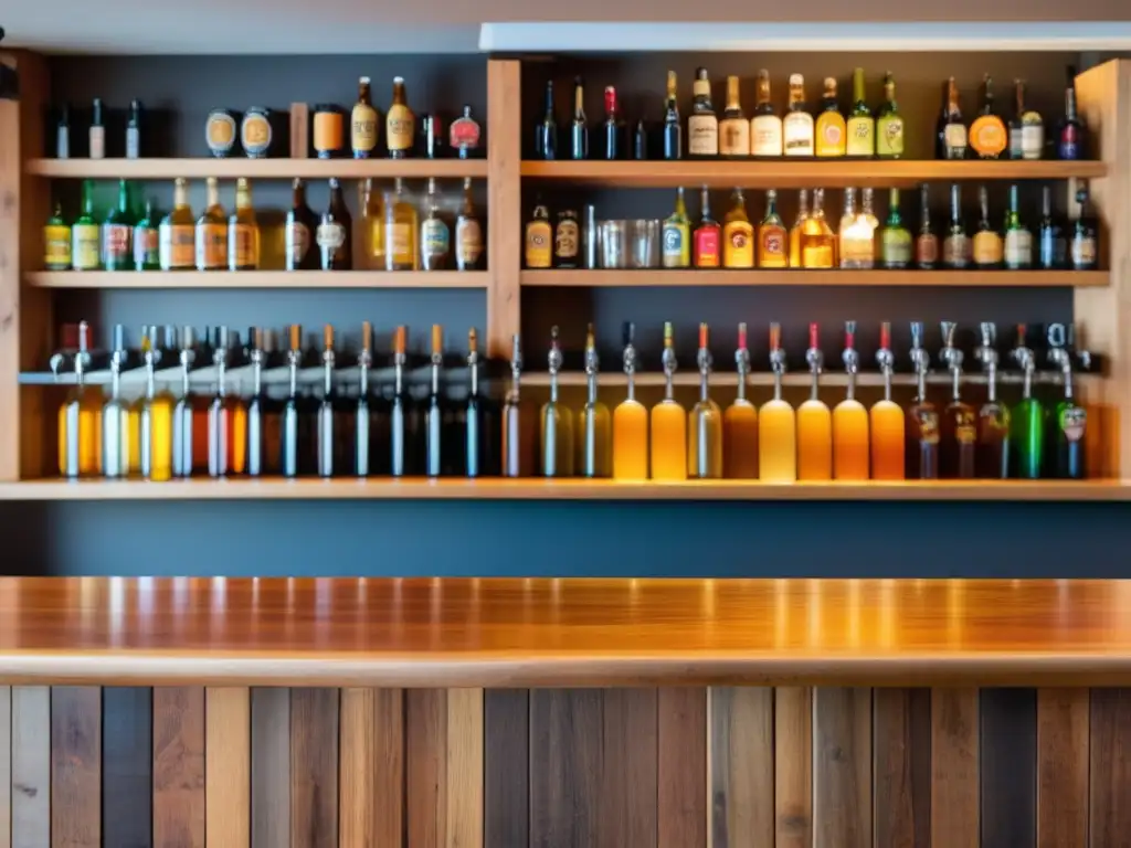 Barra de madera con cervezas artesanales Ruta por Portugal: Barra de madera rústica en cervecería de Lisboa, con grifos coloridos y estanterías llenas de cervezas