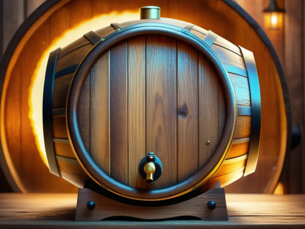 Barrel de cerveza envejecido con espuma dorada Las Raíces de la Cerveza: Barril de madera lleno de cerveza dorada y espumosa, resaltando su historia y tradiciones