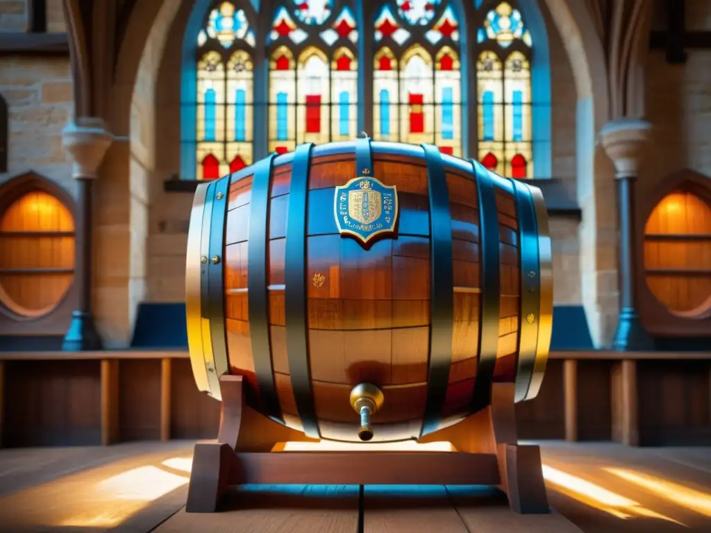 Barril de madera tallado con escenas de la antigua elaboración de cerveza en Rochefort Abbey