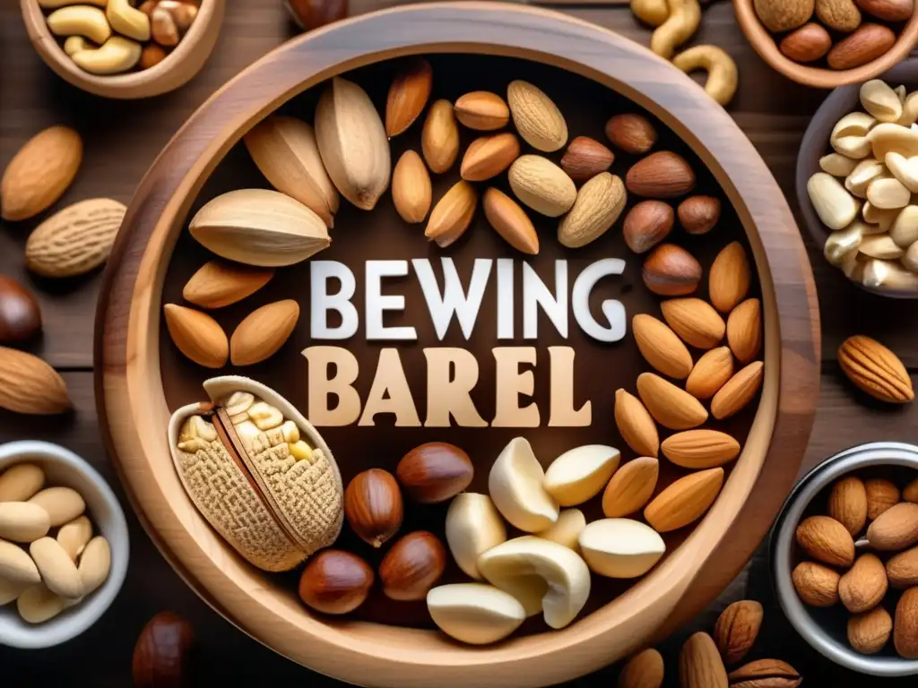 Variedad de nueces en barril de madera Barril de madera lleno de nueces: almendras, nueces, avellanas y anacardos