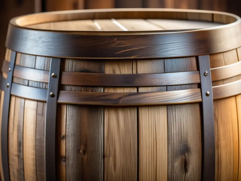 Cervezas Envejecidas en barril de madera, detalle de textura y color, resalta la artesanía y proceso de envejecimiento