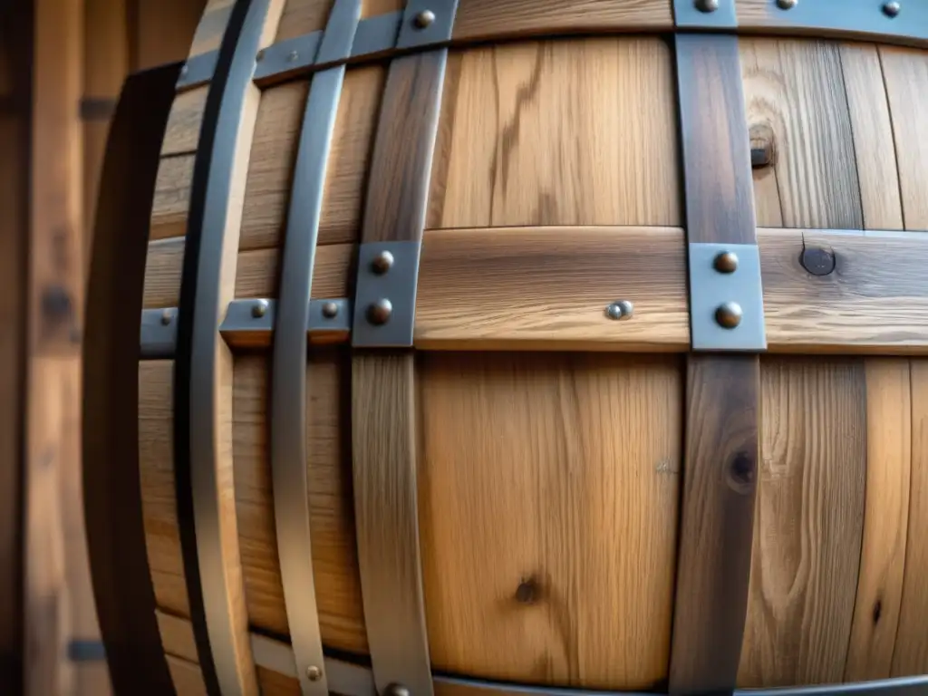 Detalle de barril de cerveza envejecida: textura, madera de roble, tonos cálidos y artesanía