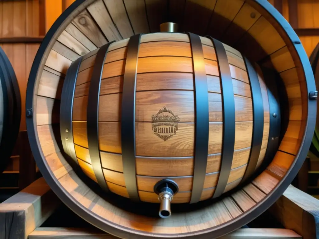 Barrel de madera tallado de la cervecería Cantillon Barrel de lambic en la Cantillon Brewery: detalle y tradición en la cerveza belga