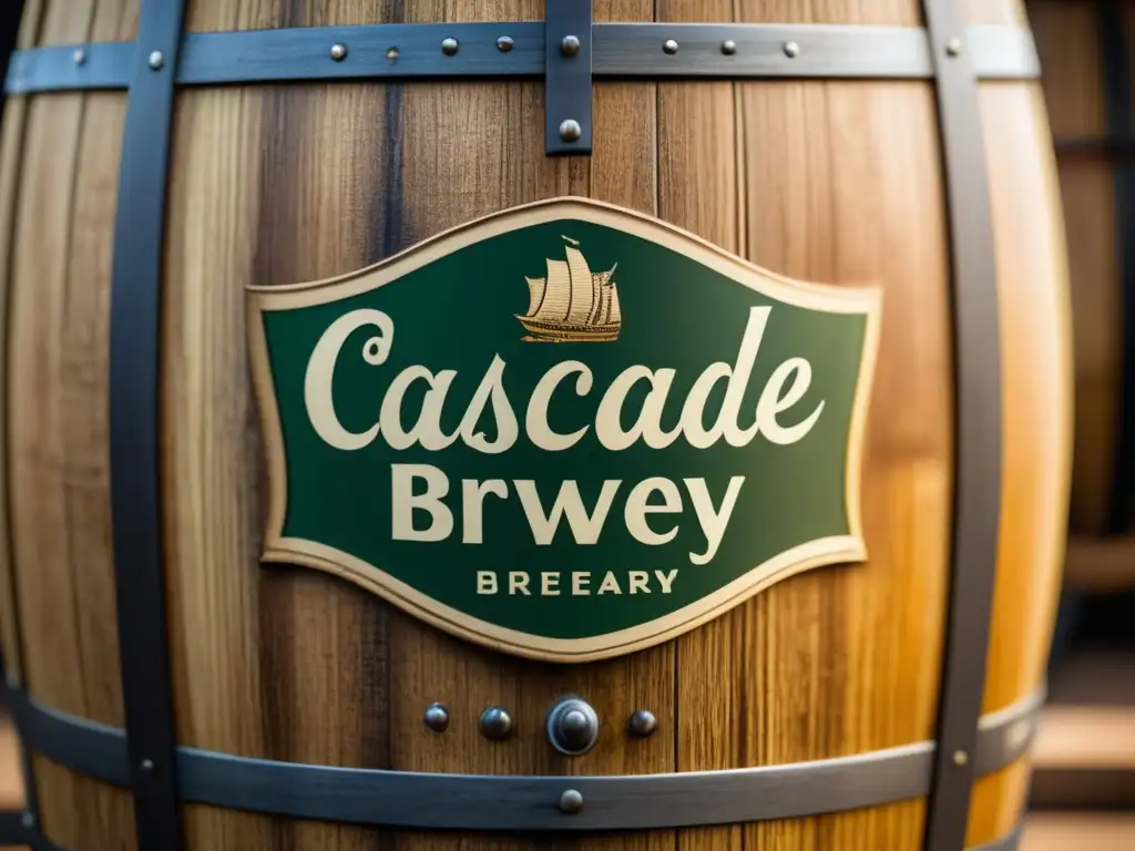 Barril de madera vintage de Cascade Brewery con detalles y textura envejecida