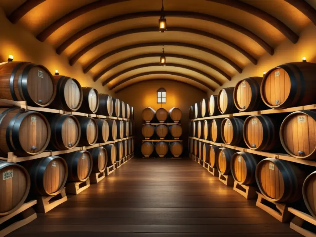 Barriles de cerveza en bodega de madera Cerveza maduración: Barriles de cerveza artesanal en bodega con detalles dorados y ambiente tradicional