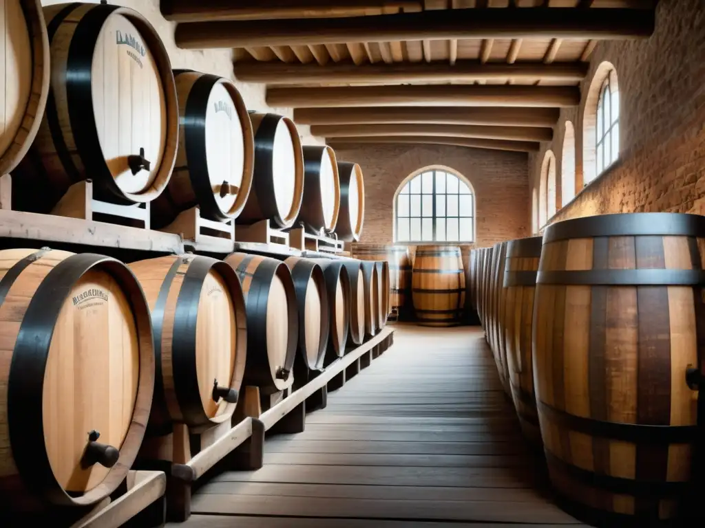 Barriles de lambic en bodega belga Lambic: Detalle de una tradicional fábrica belga de cerveza, con grandes barriles de madera envejecida, fermentando y mostrando su rica textura
