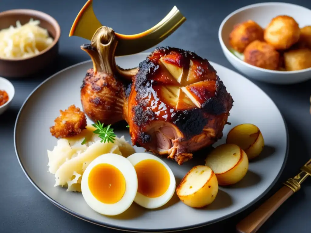Delicioso plato bávaro: Schweinshaxe con dumplings y sauerkraut Deliciosa Schweinshaxe con Kartoffelknödel y sauerkraut, en detalle macro