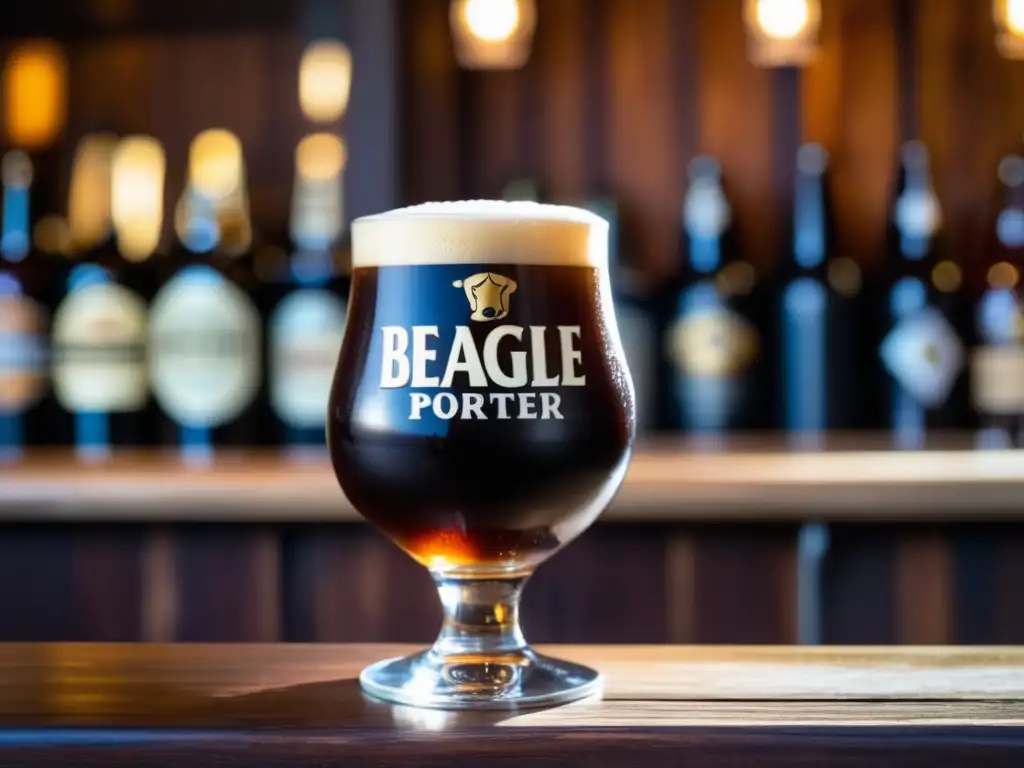 Pintura de Beagle Porter en barra rústica: cerveza oscura y espumosa con toques elegantes en Tierra del Fuego