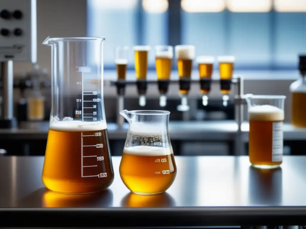 Proceso de elaboración de cerveza artesanal Beaker de vidrio con líquido dorado en proceso de elaboración de cerveza artesanal, rodeado de equipo para medir el pH